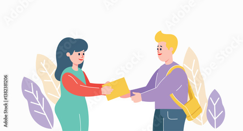 woman and man exchanging a yellow item