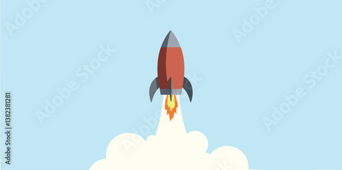 red is launching upward into a pale-blue sky