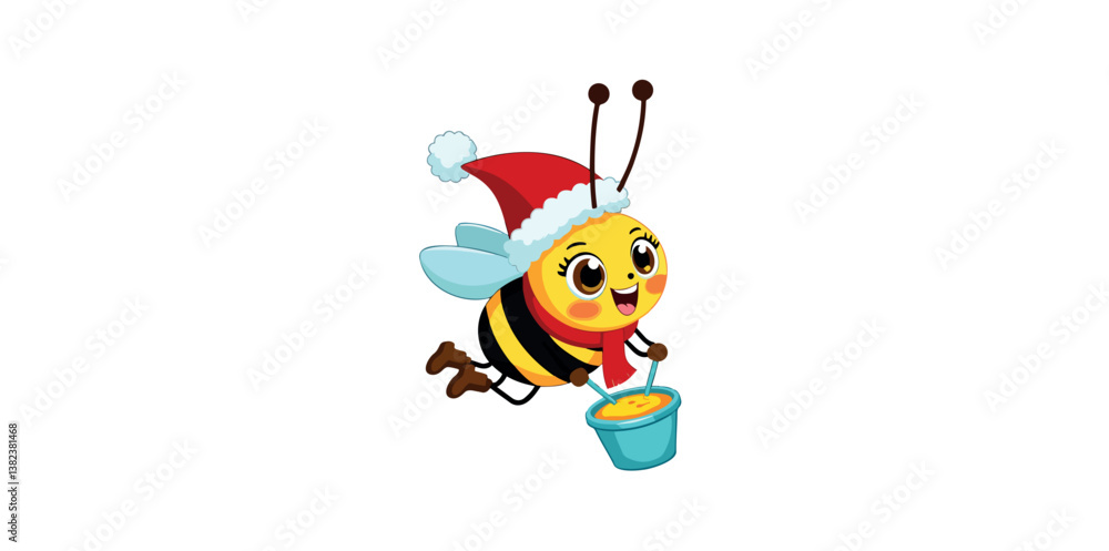 Naklejka premium cheerful cartoon bee in a santa hat flies with a bucket of honey
