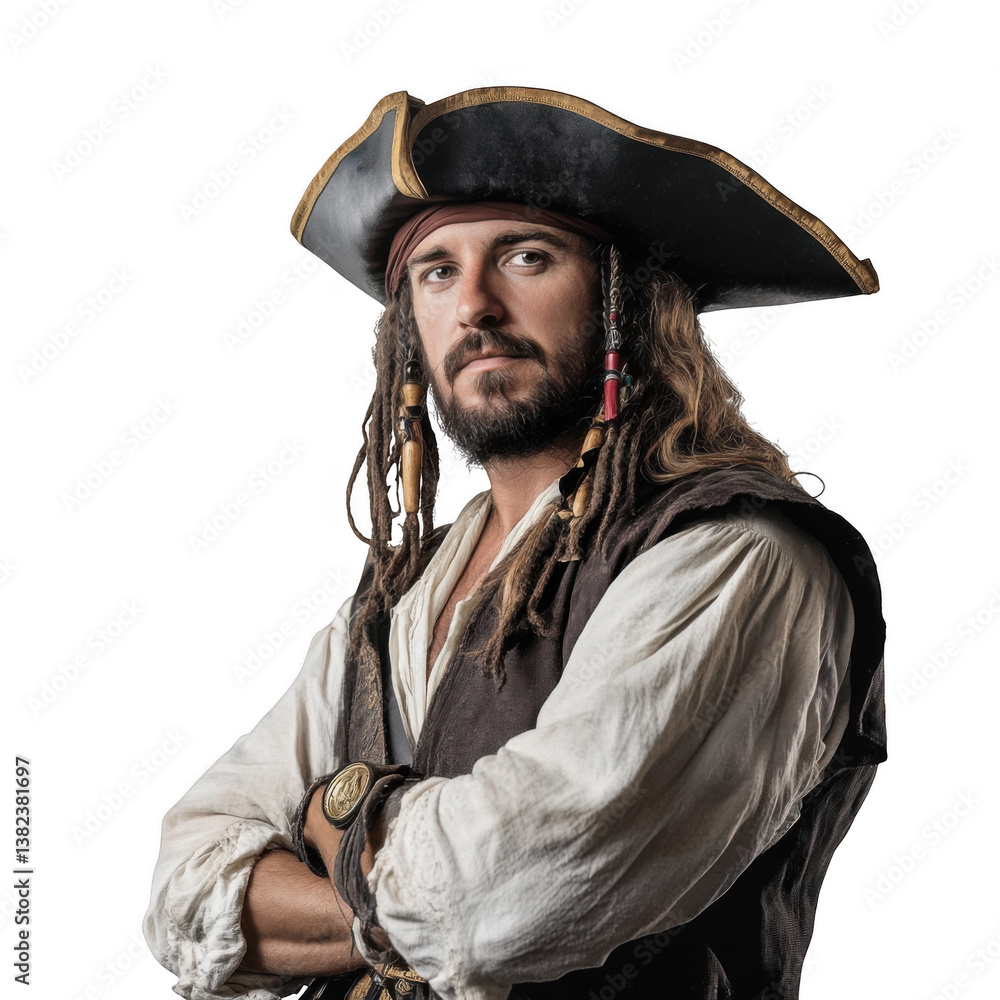 Fototapeta premium Portrait of a man dressed as a pirate with a hat and dreadlocks against a black background posing