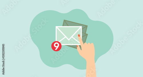 hand selects an envelope from a stack of nine digital messages