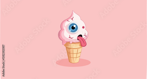 melting ice cream cone with a single eyeball and tongue sticking out