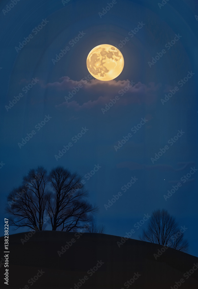 Fototapeta premium Full Moon Illuminating Silhouetted Trees Against Night Sky