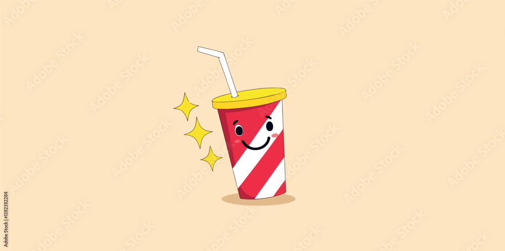 cheerful cartoon soda cup with red and white stripes a yellow lid and a straw. cheerful cartoon soda cup with red and white stripes a yellow lid and a straw.