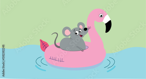 happy mouse floats on pink flamingo inflatable ring
