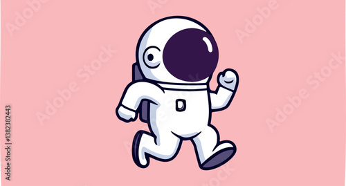 cartoon astronaut in a white spacesuit is running across a pink background.