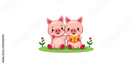 two piglets sharing a book on a grassy knoll
