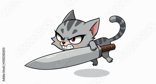 angry gray tabby cat holding a knife