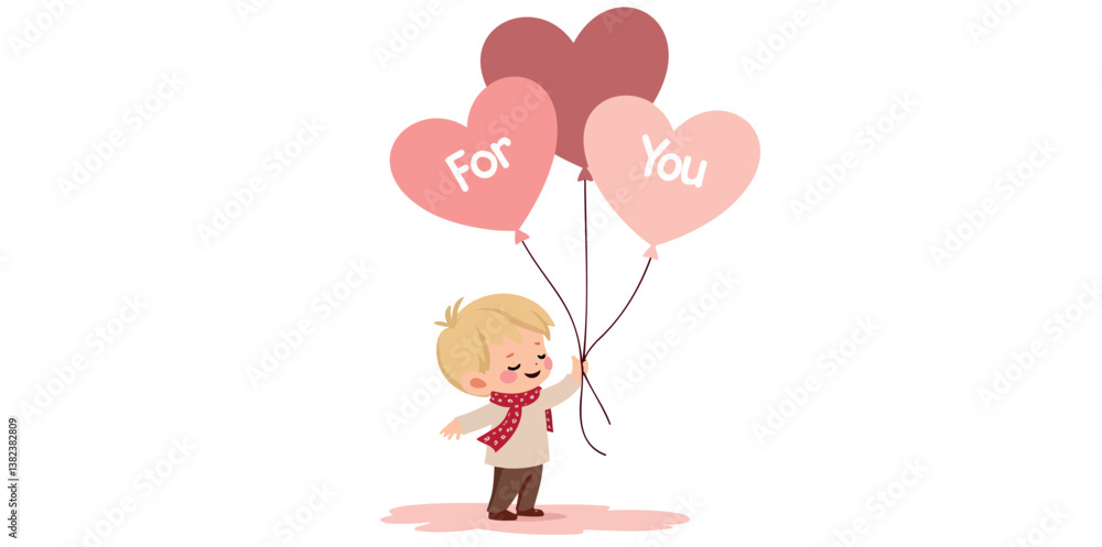 cheerful boy holding three heart-shaped balloons that say for you cheerful boy holding three heart-shaped balloons that say for you