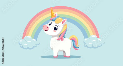 whimsical unicorn against a pastel rainbow