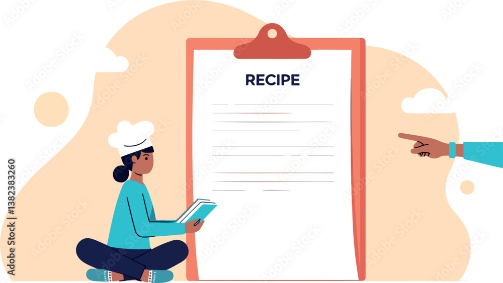 focused female chef attentively studies a cookbook next to a large recipe clipboard