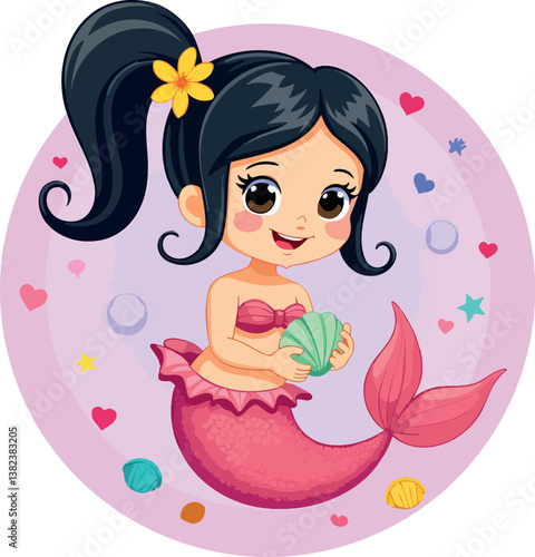 adorable cartoon mermaid holding a seashell