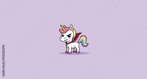 whimsical rainbow-maned unicorn in a red cape