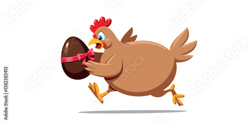 cartoon hen happily carries a large chocolate easter egg with a red ribbon.