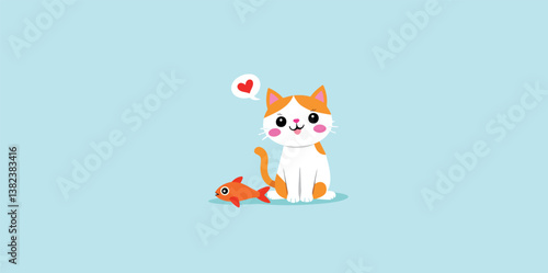 adorable and white cartoon cat sitting with a toy fish
