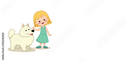 happy young girl gently interacts with her fluffy white dog
