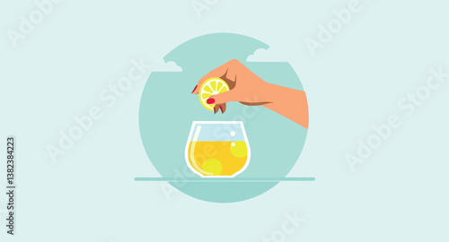 hand squeezing lemon into a glass of yellow beverage
