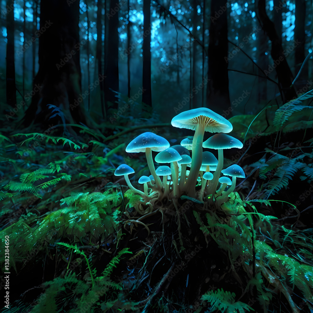 Fototapeta premium Enchanted Forest Glow: Bioluminescent Mushrooms in a Mystical Nighttime Landscape 