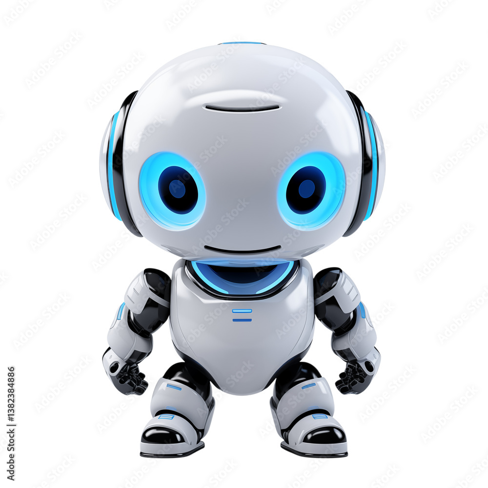 A cute white robot with blue glowing eyes and accents standing on a in a studio shot on transparent background png A cute white robot with blue glowing eyes and accents standing on a in a studio shot on transparent background png
