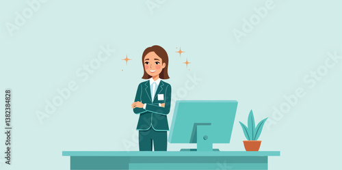confident businesswoman in teal suit at desk