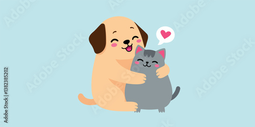 happy dog and cat embracing in a friendly hug
