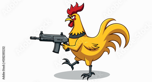 determined yellow cartoon rooster confidently holding an assault rifle