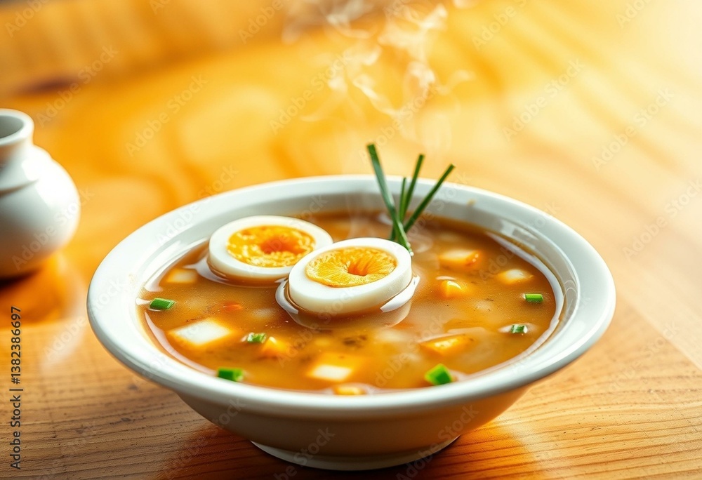 A steaming hot bowl of Miso Soup with soft-boiled eggs and green onions A steaming hot bowl of Miso Soup with soft-boiled eggs and green onions