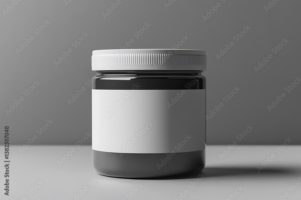 Dark Glass Jar with White Lid and Label, Gray Background, Mockup, Display Product Dark Glass Jar with White Lid and Label, Gray Background, Mockup, Display Product