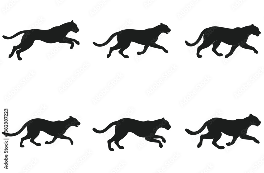 Black Panther Silhouettes in Dynamic Motion, Feline Leaping, Wildlife Mammal Shapes
