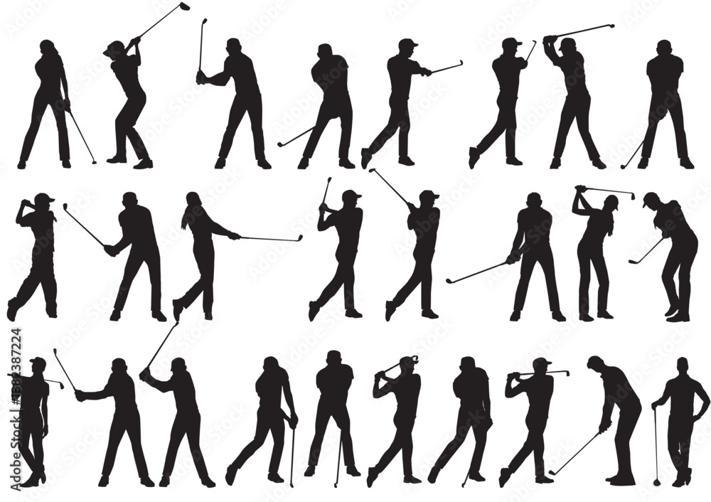 Naklejka premium collection of golf player in different poses. golf player silhouette set. 