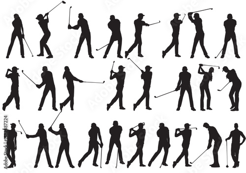 collection of golf player in different poses. golf player silhouette set. 