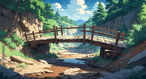 Old broken wooden bridge crossing a dry ravine anime cartoon style illustration artwork design background