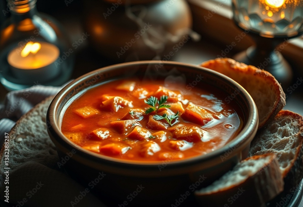 Warm and inviting bowl of tomato soup with crusty bread and fresh parsley Warm and inviting bowl of tomato soup with crusty bread and fresh parsley