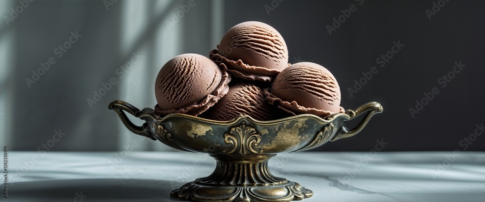 Obraz premium Chocolate ice cream scoops in an ornate bronze dish with moody lighting creating a rich luxurious and vintage inspired frozen dessert composition.