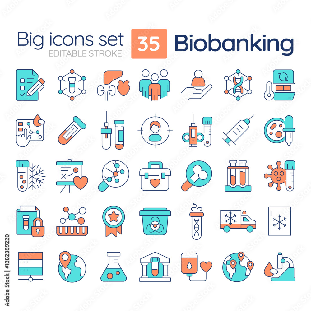 Fototapeta premium Biobanking line color icons set. Medical storage of bio specimens for research. Scientific examination of samples. Vector illustrations. Simple flat colorful symbols collection. Editable stroke