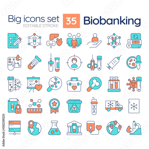 Biobanking line color icons set. Medical storage of bio specimens for research. Scientific examination of samples. Vector illustrations. Simple flat colorful symbols collection. Editable stroke