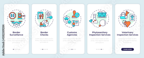 Integrated border management onboarding mobile app screen. Migration. Walkthrough 5 steps editable graphic instructions with linear concepts. UI, UX, GUI. Montserrat SemiBold, Regular fonts used