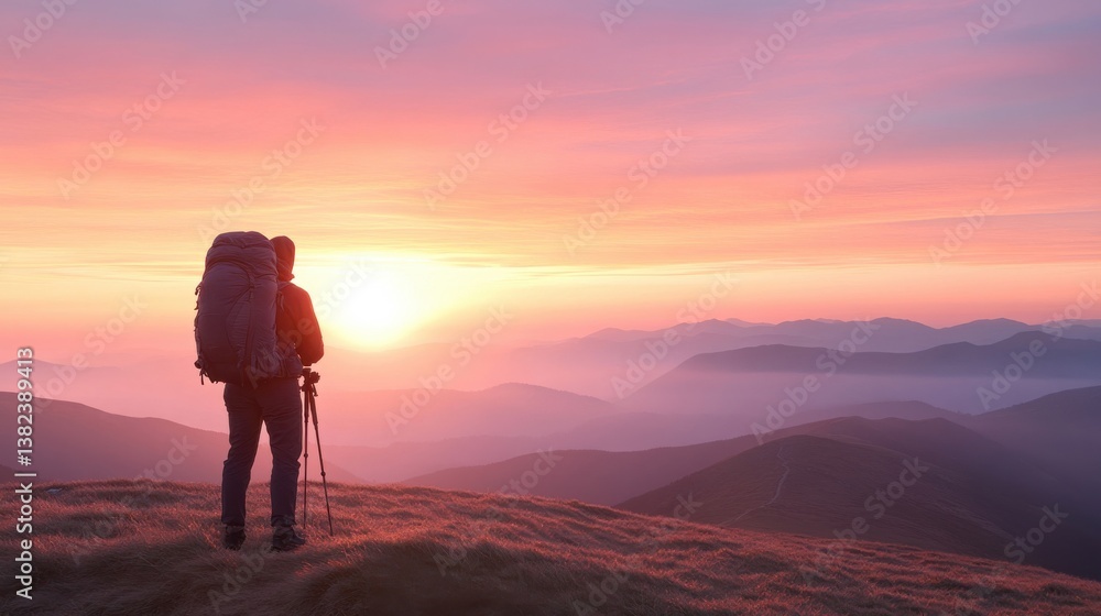 Stunning Sunset View from Mountain Peak with Hiker and Backpack Stunning Sunset View from Mountain Peak with Hiker and Backpack