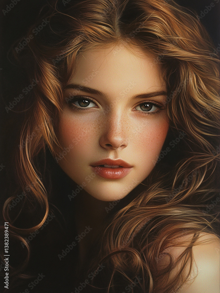 Fototapeta premium A young woman with long, voluminous, curly brown hair that frames her face. She has a fair complexion with soft makeup, emphasizing her eyes and lips
