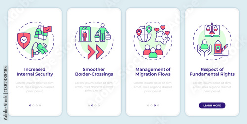 Benefits of border management onboarding mobile app screen. IBM strategy. Walkthrough 4 steps editable graphic instructions with linear concepts. UI, UX, GUI. Montserrat SemiBold, Regular fonts used