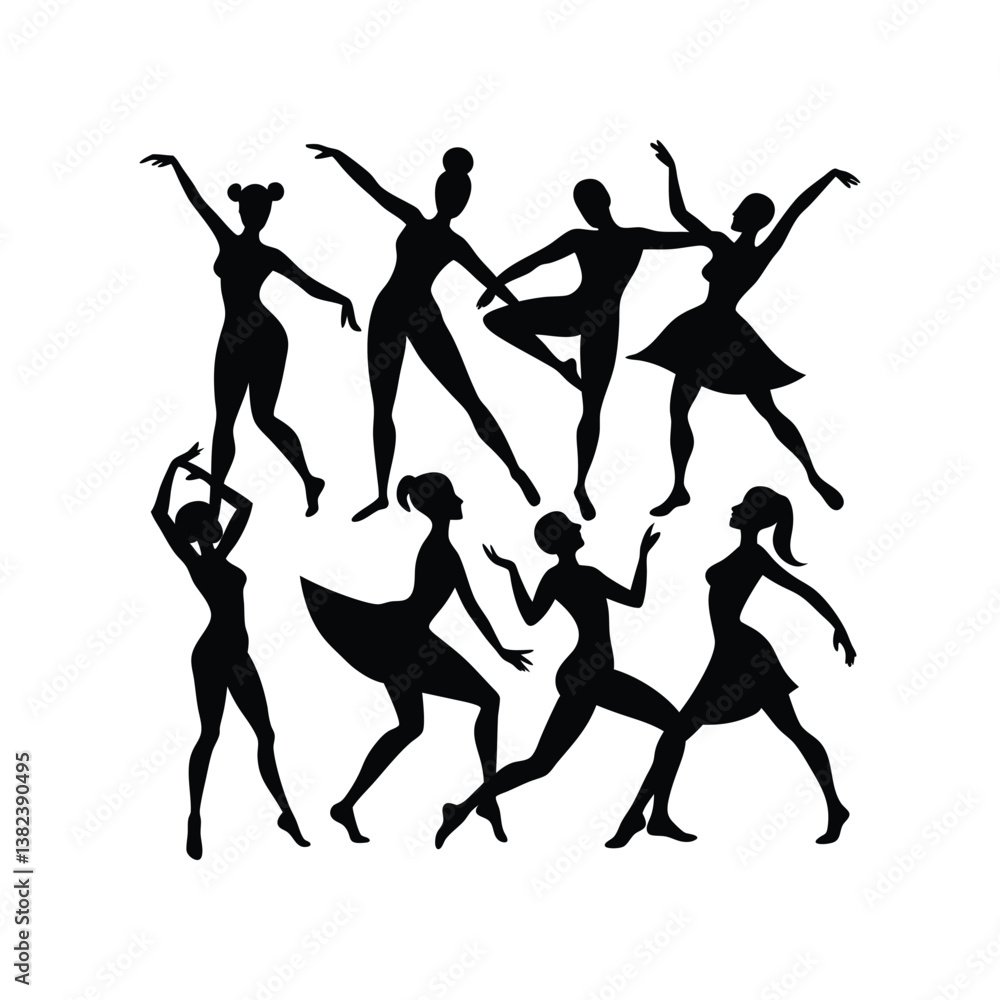 Ballet silhouette of a woman dancer in a jump pose exemplifies the art and fitness of dancing. Ballet silhouette of a woman dancer in a jump pose exemplifies the art and fitness of dancing.