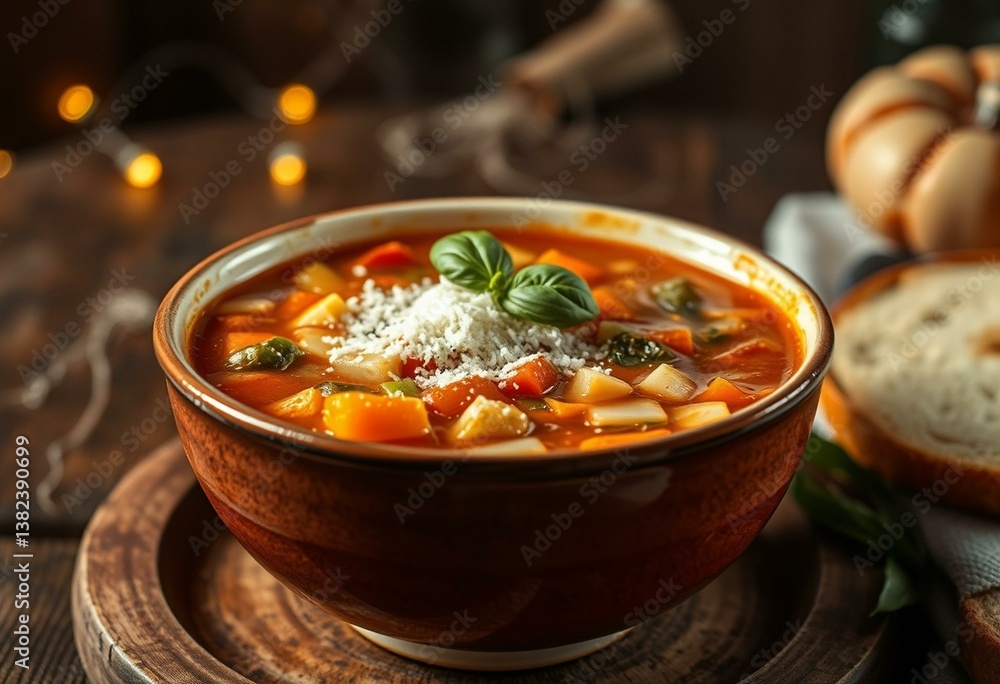 Warm, inviting, steaming hot, Minestrone Soup, Parmesan cheese, fresh basil, rustic wooden table, golden lights Warm, inviting, steaming hot, Minestrone Soup, Parmesan cheese, fresh basil, rustic wooden table, golden lights