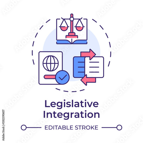 Legislative integration multi color concept icon. Law regulation. Area of IBM collaboration. Round shape line illustration. Abstract idea. Graphic design. Easy to use in promotional material