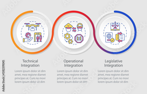 Areas of integration rectangular infographics. International collaboration for security. Visualization template 3 options. Horizontal flowchart with line icons. Myriad Pro-Bold, Regular fonts used