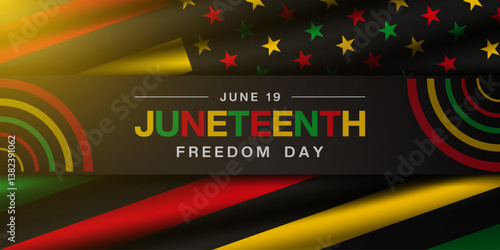June 19 is Juneteenth freedom day. Flag and light. Great for posters, banners, social media and more. Black background.