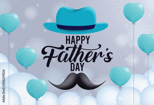 Happy father's day greeting clipart design. Father's day greeting text with white balloons and hanging blue heart string balloon clip art decoration vector illustration.
