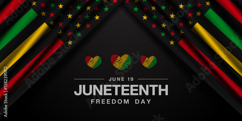 June 19 is Juneteenth freedom day. Flag and heart. Great for posters, banners, social media and more. Black background.