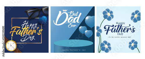 Father's day greeting clipart poster set design. Happy father's day and best dad message, wishes clip art in blue background with podium, floating blue balloons, flowers, eye glasses and watch element