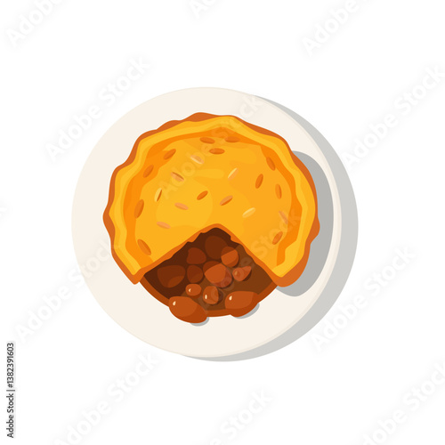 Top view of a meat pie with puff pastry crust or pub grub on a plate, isolated on a white background. British bar food with sauce filling in a pot on a kitchen, tavern or restaurant table from above