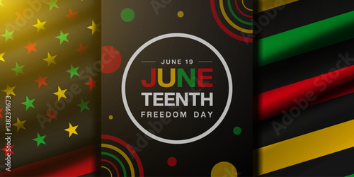 June 19 is Juneteenth freedom day. Flag and ornament. Great for posters, banners, social media and more. Black background.